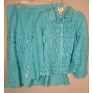 Ann Gerlin Linen Dress Suit Womens 22W Turquoise Blue 2pc Resort Tropical